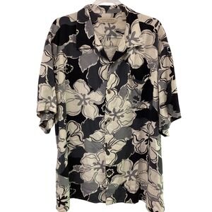 Island Republic Mens XXL Silk Blend Hibiscus Floral Camp Shirt Black White Grey